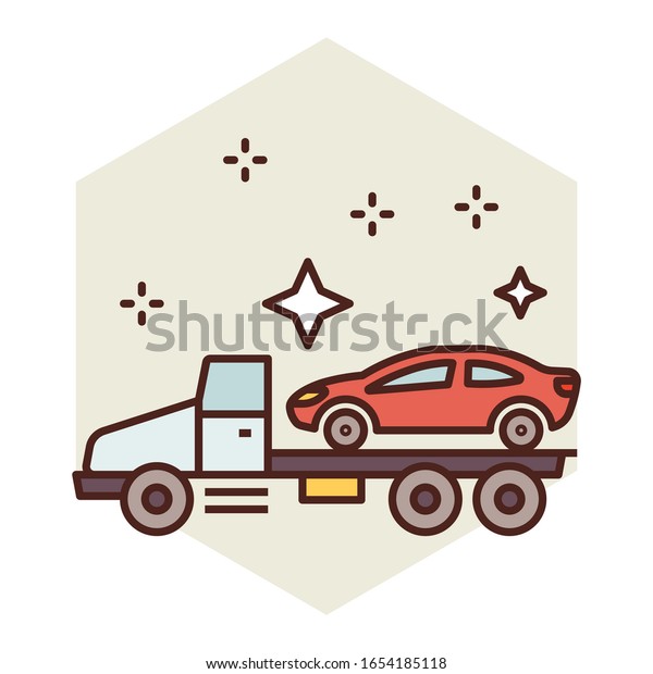 Vehicle Towing\
Concept, Roadside Assistance Design, Car on flatbed Truck Carrier\
Service Vector Flat Icon\
design,