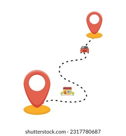 Vehicle track with location pin vector illustration. Geolocation with destination points marked with red pins, cars and houses. Location map.