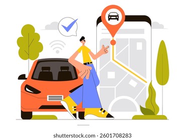 Vehicle Tracking Vector Illustration Featuring Workers Loading Products, Smart Logistics on Trucks, and Delivery Management Using a Smartphone