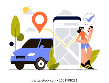 Vehicle Tracking Vector Illustration Featuring Workers Loading Products, Smart Logistics on Trucks, and Delivery Management Using a Smartphone