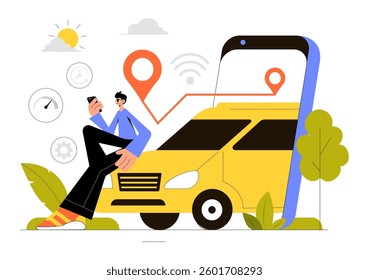Vehicle Tracking Vector Illustration Featuring Workers Loading Products, Smart Logistics on Trucks, and Delivery Management Using a Smartphone