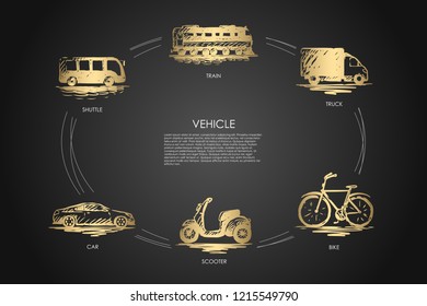 Vehicle - train, car, shuttle, truck, bike, scooter vector concept set. Hand drawn sketch isolated illustration