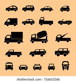 Vehicle transport cars vector icon set black isolated on orange background