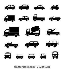 Vehicle transport cars vector icon set black isolated on white background