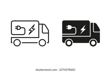 Vehicle Transport with Eco Green Electricity Power Line and Silhouette Icon Set. Electric Van Pictogram. Ecology Energy Truck Symbol Collection on White Background. Isolated Vector Illustration.