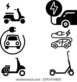 Vehicle Transport with Eco Green Electricity Power Line and Silhouette Set. Electric car icon. EV. Electric vehicle. Charging station.