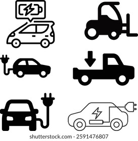 Vehicle Transport with Eco Green Electricity Power Line and Silhouette Set. Electric car icon. EV. Electric vehicle. Charging station.