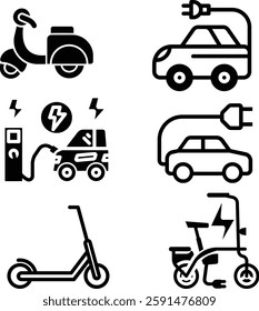 Vehicle Transport with Eco Green Electricity Power Line and Silhouette Set. Electric car icon. EV. Electric vehicle. Charging station.