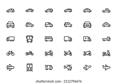 Vehicle Transport Icon Set Of Car, Truck, Bike, Train, Airplane, Helicopter, Ambulance And Bicycle