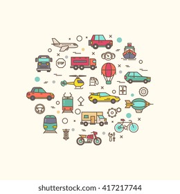 Vehicle and transport icons in circle design. Transportation vector concept with thin line style icons. Vehicle transport composition, bicycle lorry and bus for road travel transport illustration