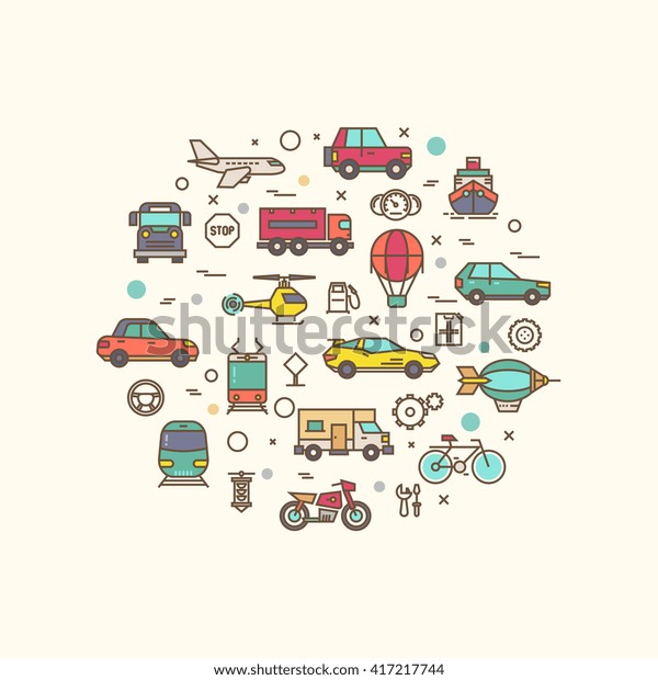 Vehicle and transport icons in circle\
design. Transportation vector concept with thin line style icons.\
Vehicle transport composition, bicycle lorry and bus for road\
travel transport\
illustration