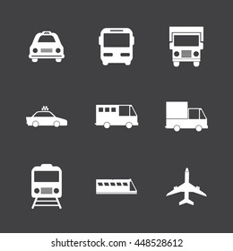 Vehicle and transport icons set.White icons on black background