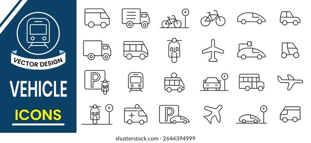 Vehicle and Transport icons vector collection. Outline icon of vehicle, transport, electric scooter, motorbike, car, train symbol and sign. Water, land, air transport. Vector illustration.