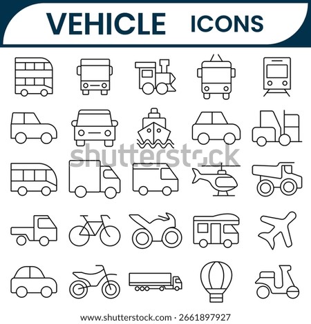 Vehicle  and Transport icons vector set. Vehicle line icon symbol,  Car, train, electric scooter, motorbike, bus, motorcycle, boat, ship, airplane icon vector illustration.