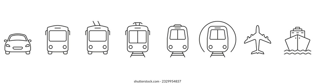 Juego de iconos de la línea de transporte del vehículo. Autobús, Coche, Tren, Avión, Barco, Pictograma lineal de tranvía. Colección de signos de tráfico. Símbolo de transporte público. Stroke editable. Ilustración de vectores aislados.