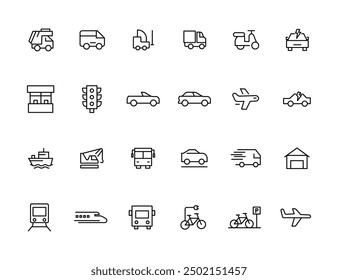 Vehicle and Transport line icon set. Containing car, bike, plane, train, bicycle, motorbike, bus and scooter icons. Transportation Simple line icon collections