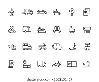 Vehicle and Transport line icon set. Containing car, bike, plane, train, bicycle, motorbike, bus and scooter icons. Transportation Simple line icon collections