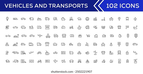 Symbolsatz für Fahrzeug- und Transportzeile. Enthält Symbole für Auto, Fahrrad, Flugzeug, Zug, Fahrrad, Motorrad, Bus und Roller. Transport Einfache Linie Symbol-Kollektionen