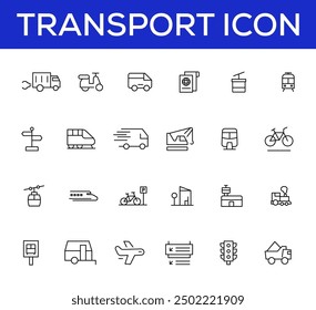 Vehicle and Transport line icon set. Containing car, bike, plane, train, bicycle, motorbike, bus and scooter icons. Transportation Simple line icon collections