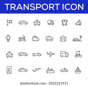 Vehicle and Transport line icon set. Containing car, bike, plane, train, bicycle, motorbike, bus and scooter icons. Transportation Simple line icon collections