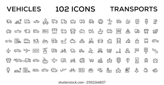 Conjunto de iconos de vehículos y líneas de transporte. Contiene coches, bicicletas, aviones, trenes, bicicletas, motos, autobuses y scooters. Transporte Icono de línea simple colecciones