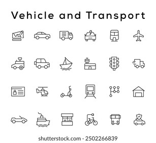 Vehicle and Transport line icon set. Containing car, bike, plane, train, bicycle, motorbike, bus and scooter icons. Transportation Simple line icon collections