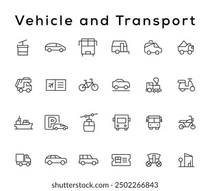 Vehicle and Transport line icon set. Containing car, bike, plane, train, bicycle, motorbike, bus and scooter icons. Transportation Simple line icon collections