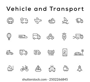Vehicle and Transport line icon set. Containing car, bike, plane, train, bicycle, motorbike, bus and scooter icons. Transportation Simple line icon collections