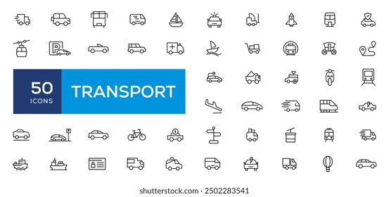 Vehicle and Transport line icon set. Containing car, bike, plane, train, bicycle, motorbike, bus and scooter icons. Transportation Simple line icon collections