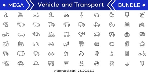 Vehicle and Transport line icon set. Containing car, bike, plane, train, bicycle, motorbike, bus and scooter icons. Transportation Simple line icon collections