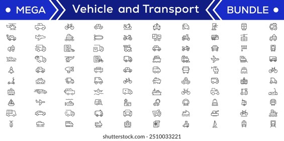 Vehicle and Transport line icon set. Containing car, bike, plane, train, bicycle, motorbike, bus and scooter icons. Transportation Simple line icon collections