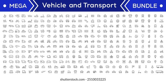 Vehicle and Transport line icon set. Containing car, bike, plane, train, bicycle, motorbike, bus and scooter icons. Transportation Simple line icon collections