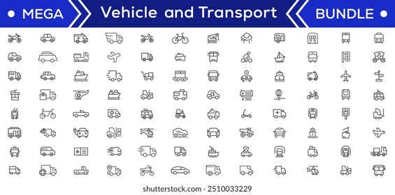 Vehicle and Transport line icon set. Containing car, bike, plane, train, bicycle, motorbike, bus and scooter icons. Transportation Simple line icon collections