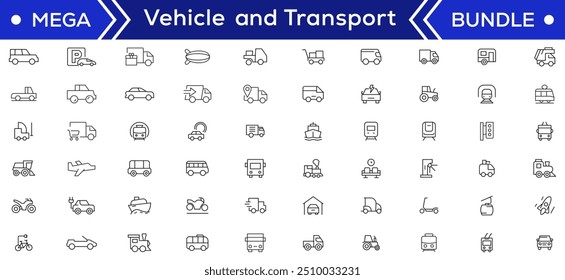Vehicle and Transport line icon set. Containing car, bike, plane, train, bicycle, motorbike, bus and scooter icons. Transportation Simple line icon collections