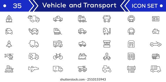 Vehicle and Transport line icon set. Containing car, bike, plane, train, bicycle, motorbike, bus and scooter icons. Transportation Simple line icon collections