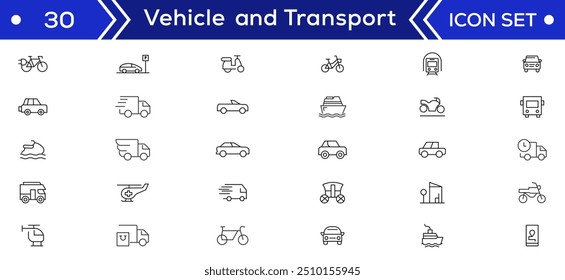 Vehicle and Transport line icon set. Containing car, bike, plane, train, bicycle, motorbike, bus and scooter icons. Transportation Simple line icon collections