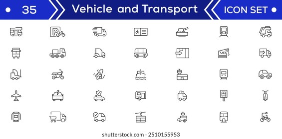 Conjunto de ícones da linha Veículo e Transporte. Contendo ícones de carro, bicicleta, avião, trem, bicicleta, moto, ônibus e scooter. Transporte Coleções de ícone de linha simples