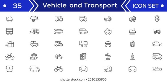 Conjunto de ícones da linha Veículo e Transporte. Contendo ícones de carro, bicicleta, avião, trem, bicicleta, moto, ônibus e scooter. Transporte Coleções de ícone de linha simples