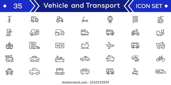 Conjunto de ícones da linha Veículo e Transporte. Contendo ícones de carro, bicicleta, avião, trem, bicicleta, moto, ônibus e scooter. Transporte Coleções de ícone de linha simples