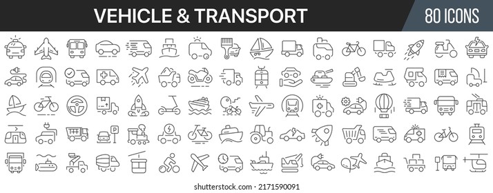Vehicle and transport line icons collection. Big UI icon set in a flat design. Thin outline icons pack. Vector illustration EPS10