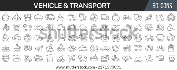 Vehicle and transport line icons collection. Big UI\
icon set in a flat design. Thin outline icons pack. Vector\
illustration EPS10