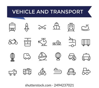 Vehicle And Transport Line Icons set with editable stroke collection for web and ui. Line icons pack. Vector illustration.