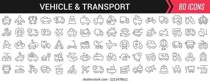 Vehicle and transport linear icons in black. Big UI icons collection in a flat design. Thin outline signs pack. Big set of icons for design
