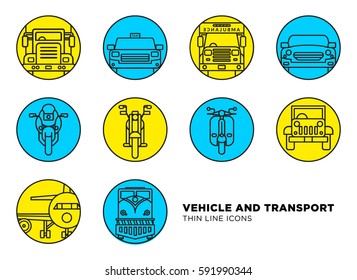 Vehicle and transport related thin line vector icons