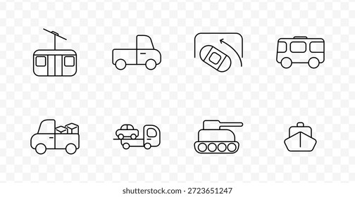 Icono de conjunto de transporte de vehículos. Teleférico, camioneta, ruta GPS, autocaravana, camión de entrega, remolque de remolque, tanque de batalla, crucero en estilo de línea de tránsito mínimo.
