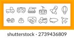 Vehicle transport set icon. Van, trailer, ship, tram, tank, blimp, airplane, cargo, SUV, and directional path icons representing diverse travel modes.