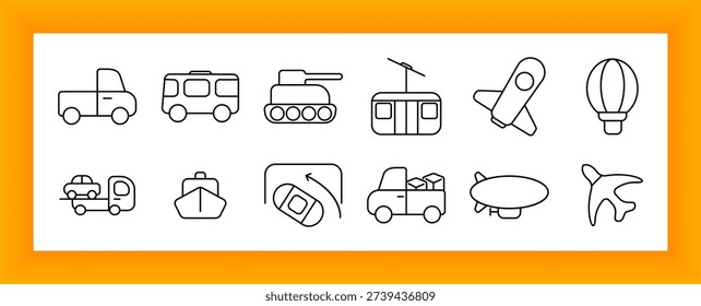 Vehicle transport set icon. Van, trailer, ship, tram, tank, blimp, airplane, cargo, SUV, and directional path icons representing diverse travel modes.