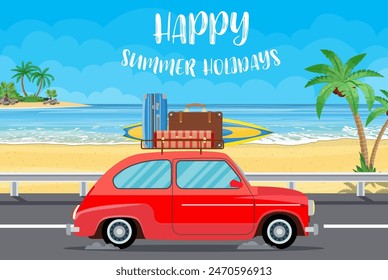 Vehicle transport with surfboard and suitcases on a beach with palms. Summer tourism, travel, trip and surfer. vector illustration in flat design