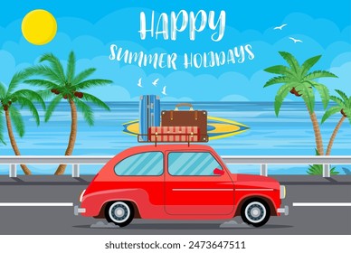 Vehicle transport with surfboard and suitcases on a beach with palms. Summer tourism, travel, trip and surfer. vector illustration in flat design