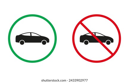 Fahrzeugtransport-Warnschilder. Auto Auto Auto Silhouette Symbole gesetzt. Transport Erlaubte und Verbotene Symbole. Isolierte Vektorgrafik.